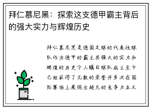 拜仁慕尼黑:探索这支德甲霸主背后的强大实力与辉煌历史